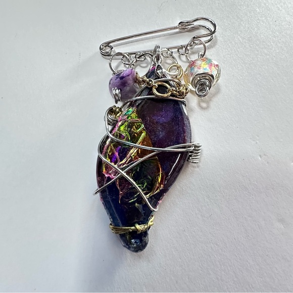 Collage Brooch Artisan Multicolor Wire-Wrapped Pin handmade - Picture 6 of 15